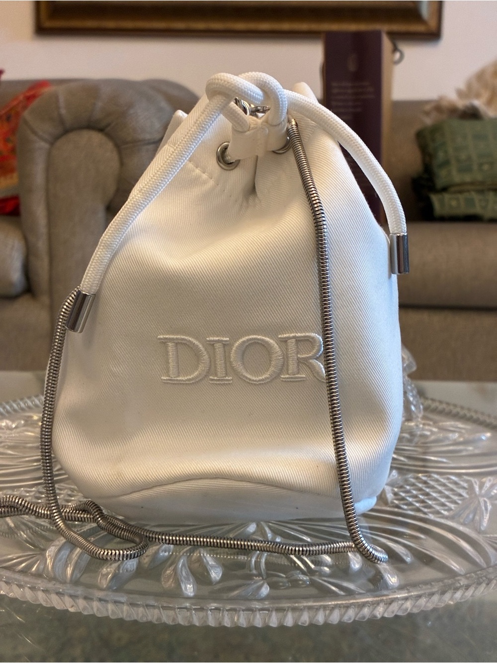 Dior White Trousseau Drawstring Bag with Silver Chain Attachment